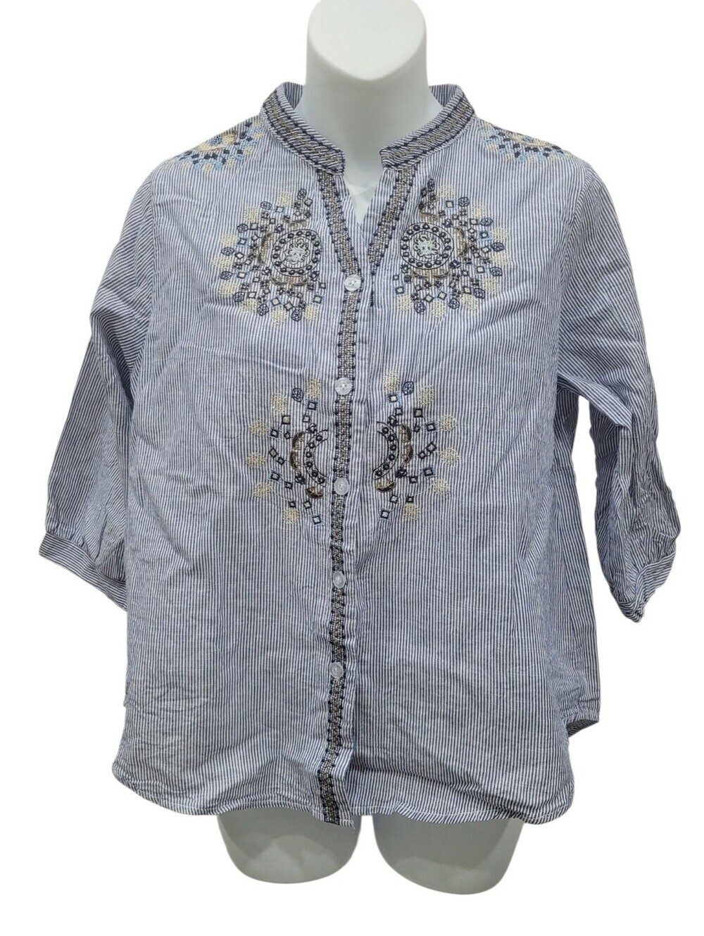 2/$20 Y2K Blue Embroidery Flower Pattern Buttons Down Shirt Top Size: M